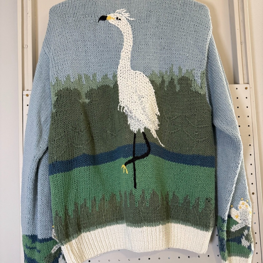 Orvis Cardigan Womens Large Gray Egrets Print Knit Snap Long Sleeve Cozy Sweater - Picture 11 of 14